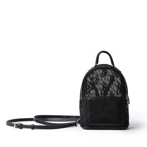 Mini mesh monogram backpack in black with a front zip pocket and adjustable shoulder strap, featuring a subtle monogram pattern.