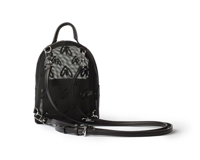 Black mini mesh monogram backpack with adjustable straps and a top handle, featuring a transparent mesh panel with monogram pattern.