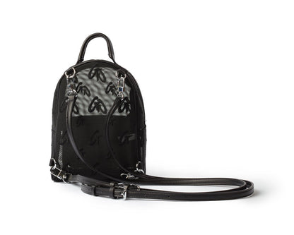 Black mini mesh monogram backpack with adjustable straps and a top handle, featuring a transparent mesh panel with monogram pattern.