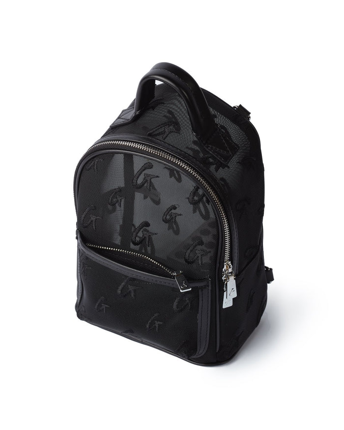 Black mini mesh monogram backpack with a top handle, front zip pocket, and silver zipper details.