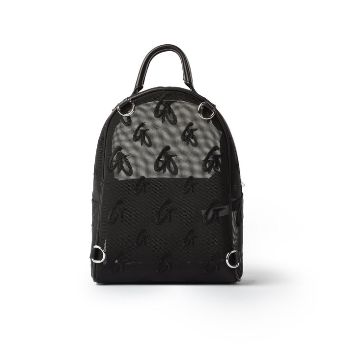 Black mini mesh monogram backpack with embroidered G logo pattern, top handle, and adjustable shoulder straps.