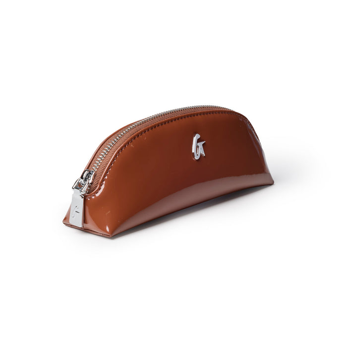 Mini mirror pouch in mirror brown with a sleek design and silver zipper, perfect for storing small essentials.