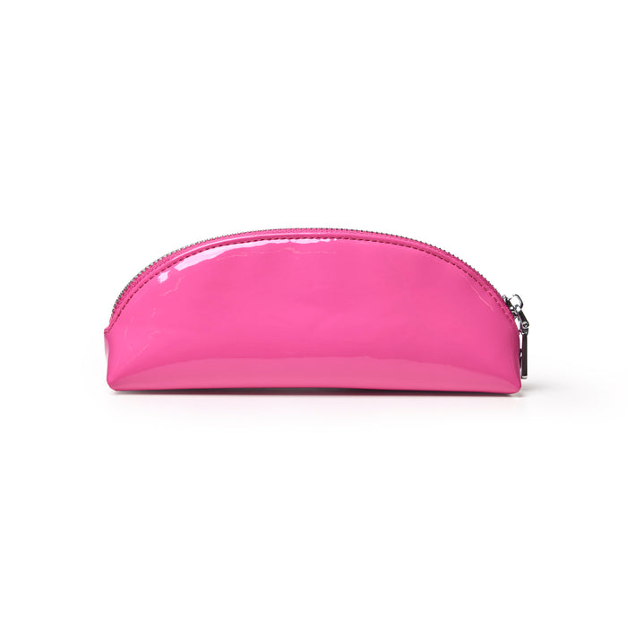 Hot pink mini mirror pouch with a sleek, glossy finish and a zip closure, perfect for stylish organization.
