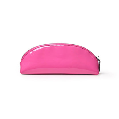 Hot pink mini mirror pouch with a sleek, glossy finish and a zip closure, perfect for stylish organization.
