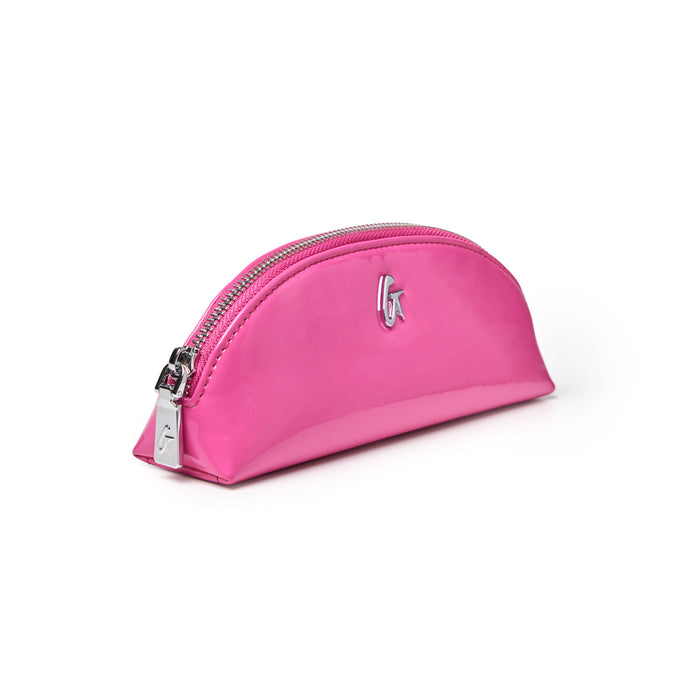 Hot pink mini mirror pouch with a sleek design and dual zippers, perfect for storing cosmetics and accessories.