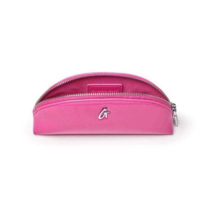 Hot pink mini mirror pouch with a sleek design and silver zipper, perfect for storing small essentials.
