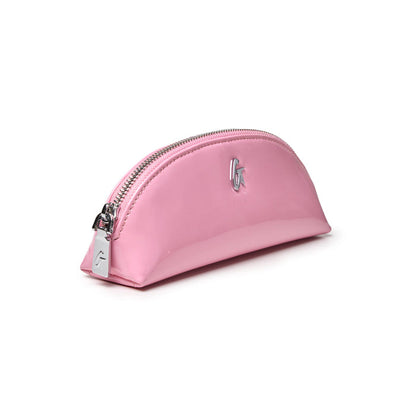 Light pink mini mirror pouch with a sleek design and silver zipper, perfect for storing cosmetics and accessories.