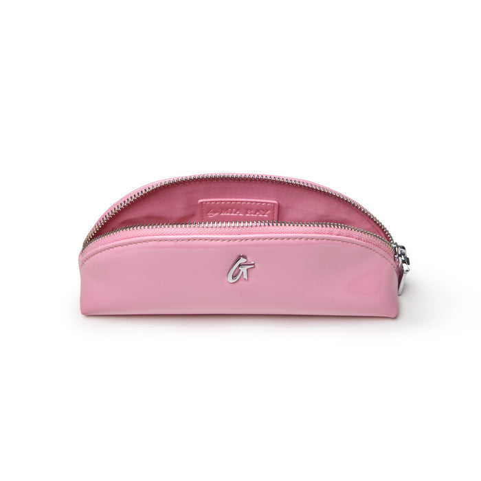 Light pink mini mirror pouch with a sleek design and silver zipper, perfect for storing cosmetics and accessories.