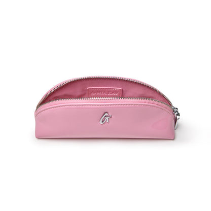 Light pink mini mirror pouch with a sleek design and silver zipper, perfect for storing cosmetics and accessories.