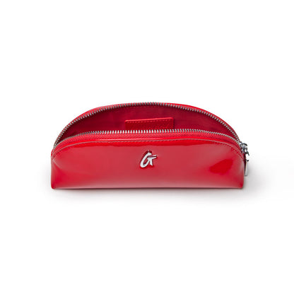 Shiny red mini mirror pouch with a zip closure and logo detail, perfect for storing small essentials.
