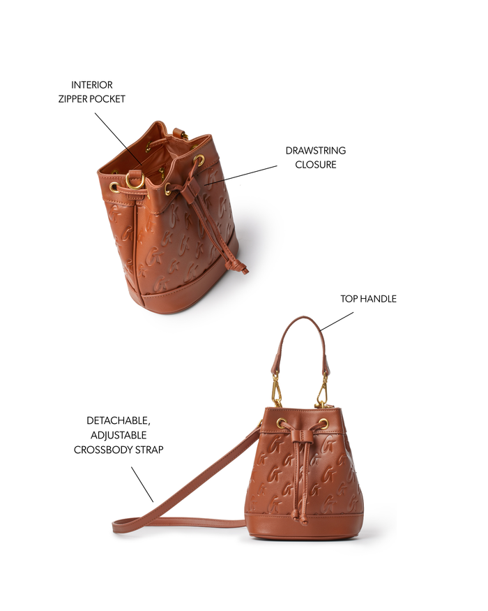 Mini monogram bucket bag in brown featuring a drawstring closure, top handle, and adjustable crossbody strap.