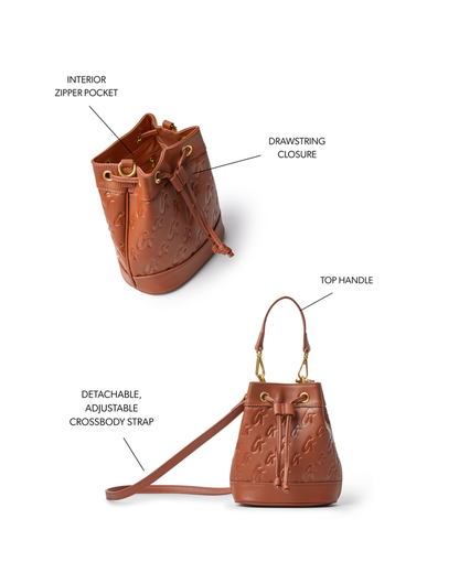 Mini monogram bucket bag in brown featuring a drawstring closure, top handle, and adjustable crossbody strap.