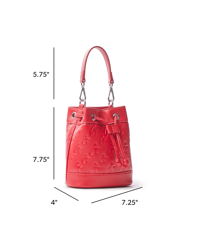 Red mini monogram bucket bag with a stylish design, featuring a drawstring closure and a comfortable handle.