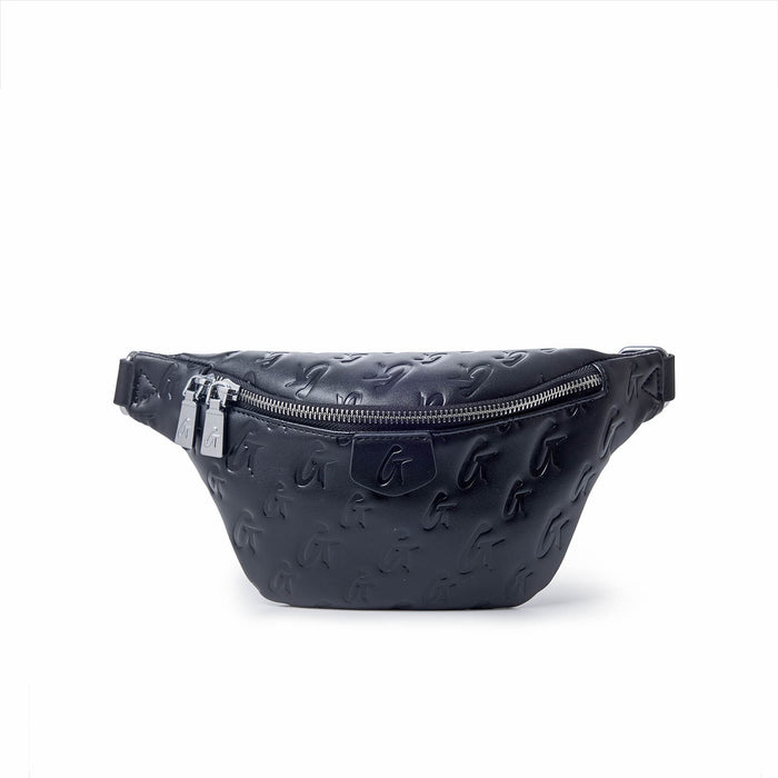 Black mini monogram fanny pack featuring a sleek design and zippered closure, perfect for stylish, hands-free convenience.
