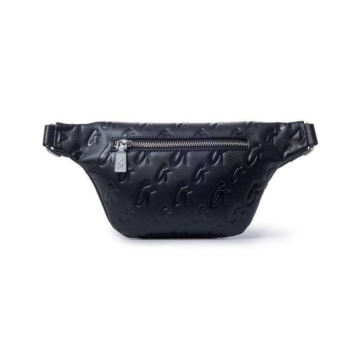 Black mini monogram fanny pack featuring a sleek design and zippered front pocket for stylish convenience.