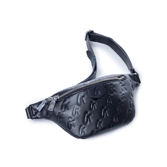 Black mini monogram fanny pack featuring embossed logo design and adjustable strap for a stylish, hands-free accessory.