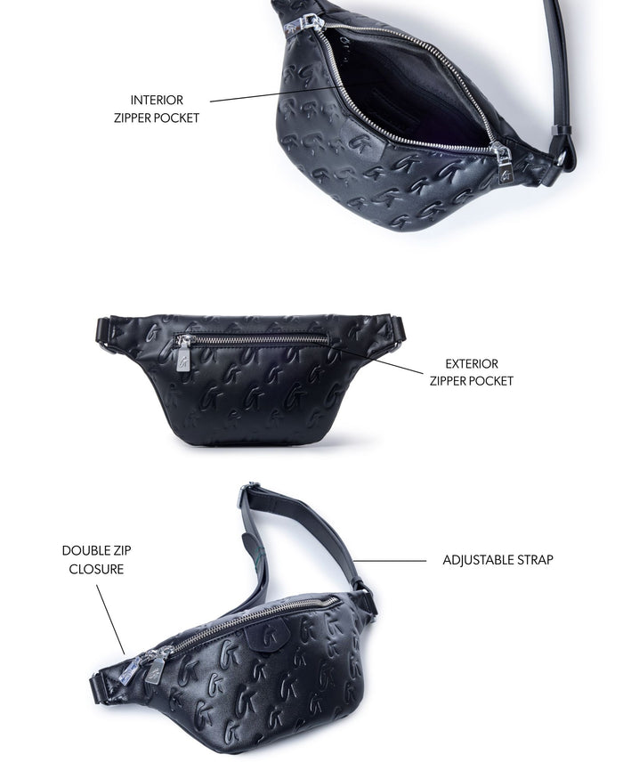 Mini monogram fanny pack in black featuring an adjustable strap, double zip closure, and interior and exterior zipper pockets.