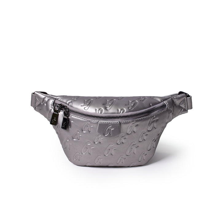 Mini Monogram Fanny Pack in platinum with embossed G logo pattern, zip closure, and adjustable strap.