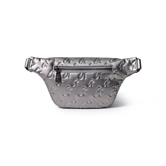 Mini Monogram Fanny Pack in platinum with embossed G logo pattern and front zipper pocket.