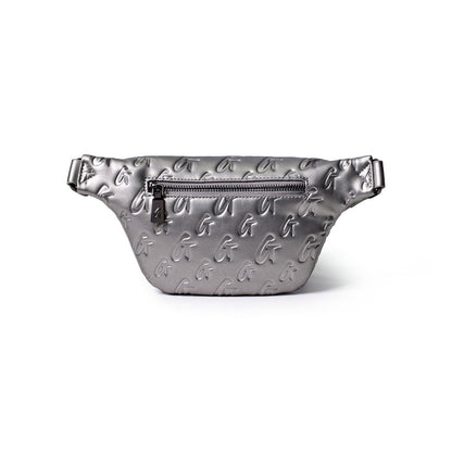 Mini Monogram Fanny Pack in platinum with embossed G logo pattern and front zipper pocket.