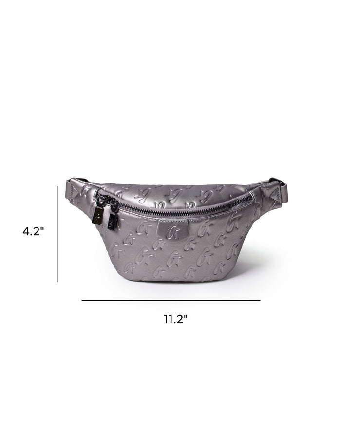 Mini monogram fanny pack in platinum with embossed logo, featuring a zip closure and adjustable strap.