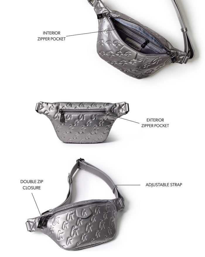 Mini monogram fanny pack in platinum with adjustable strap, double zip closure, and interior and exterior zipper pockets.