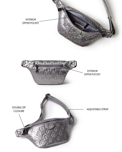 Mini monogram fanny pack in platinum with adjustable strap, double zip closure, and interior and exterior zipper pockets.