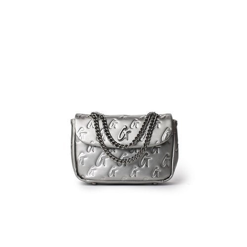 Mini Monogram Flap Bag in platinum with embossed G logo pattern and silver chain strap, stylish and compact accessory.