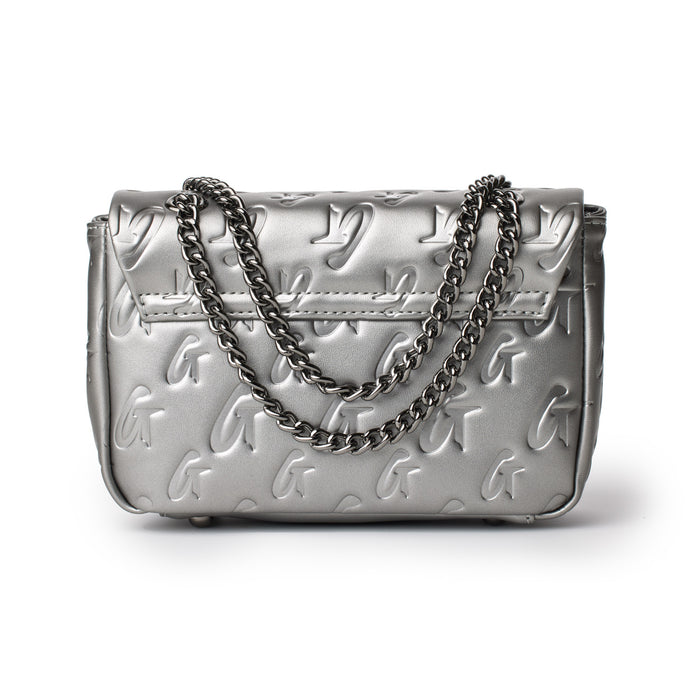 Mini Monogram Flap Bag in platinum with embossed logo pattern and a silver chain strap.