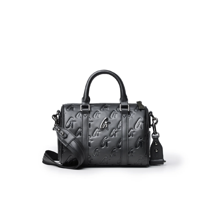 Mini Monogram Gal Boston Bag in black featuring embossed logo design, dual handles, and detachable shoulder strap.