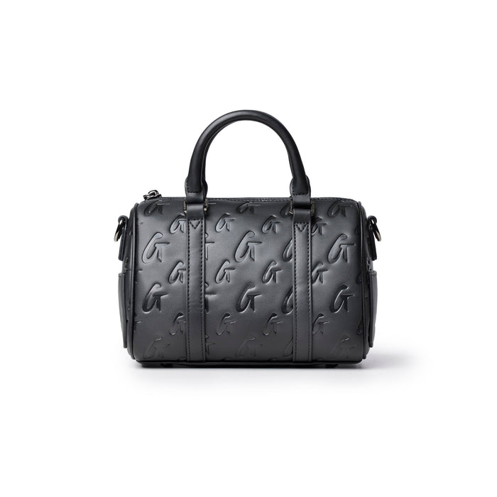 Mini Monogram Gal Boston Bag in black featuring embossed logo design, dual handles, and a sleek, stylish silhouette.