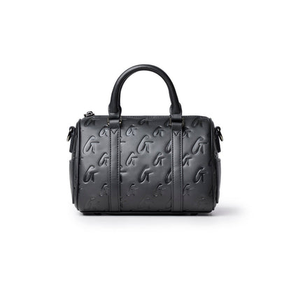 Mini Monogram Gal Boston Bag in black featuring embossed logo design, dual handles, and a sleek, stylish silhouette.
