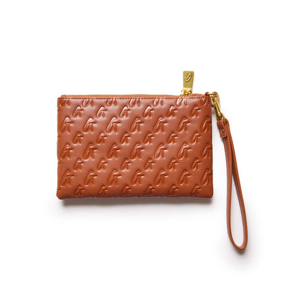 Brown mini monogram gold wristlet with embossed G pattern and a wrist strap, featuring a gold zipper and logo tag.