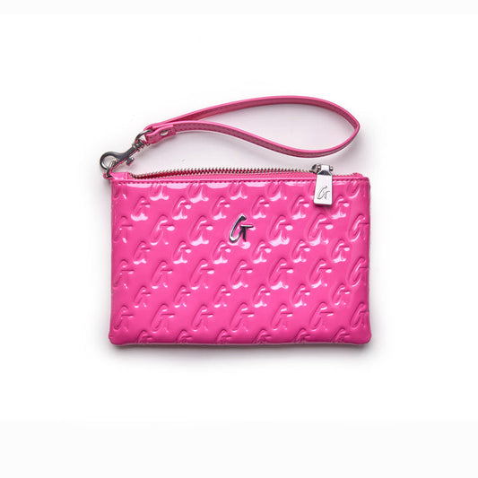 Pink mirror finish mini monogram silver wristlet with embossed "G" pattern and detachable strap.