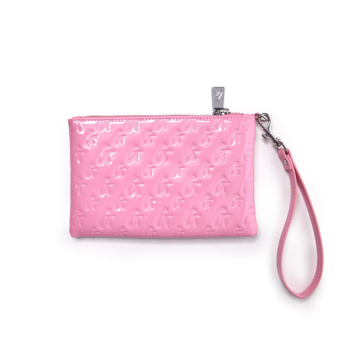 Mini monogram silver wristlet in mirror pink with embossed logo pattern and a matching pink wrist strap.