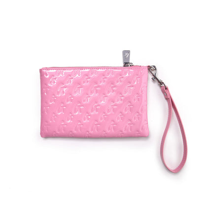 Mini monogram silver wristlet in mirror pink with embossed logo pattern and a matching pink wrist strap.