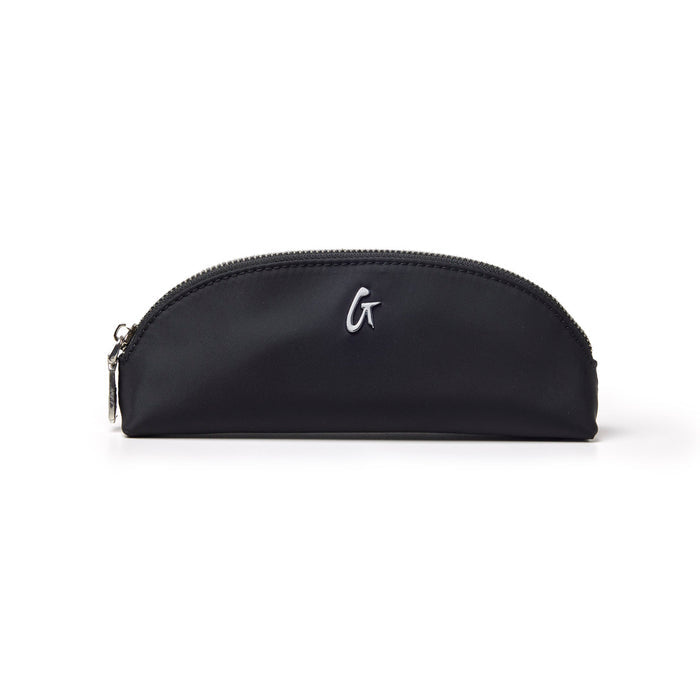 Sleek black mini nylon pouch with a zip closure and embroidered logo, perfect for organizing essentials.