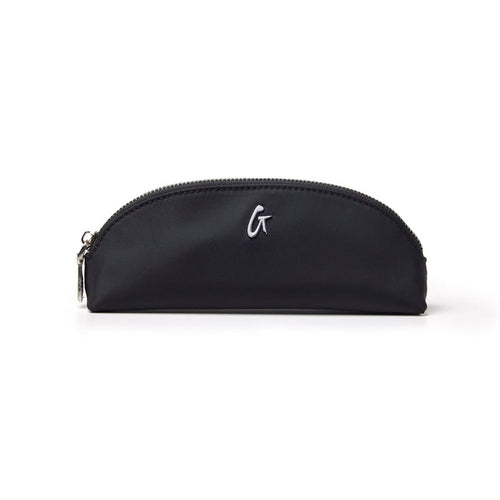Sleek black mini nylon pouch with a zip closure and embroidered logo, perfect for organizing essentials.