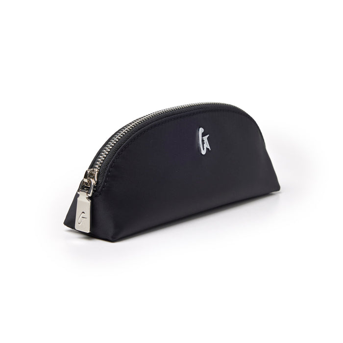 Sleek black nylon pouch with a curved design and silver zipper, perfect for organizing essentials in style.