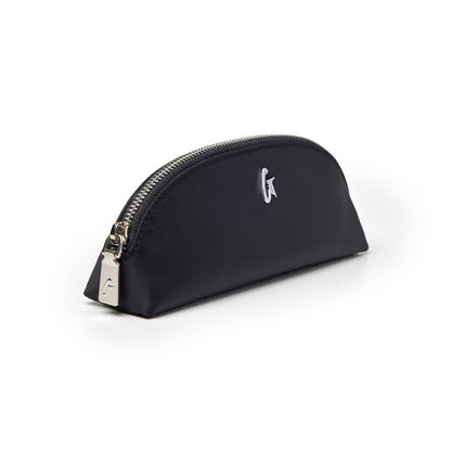 Sleek black nylon pouch with a curved design and silver zipper, perfect for organizing essentials in style.