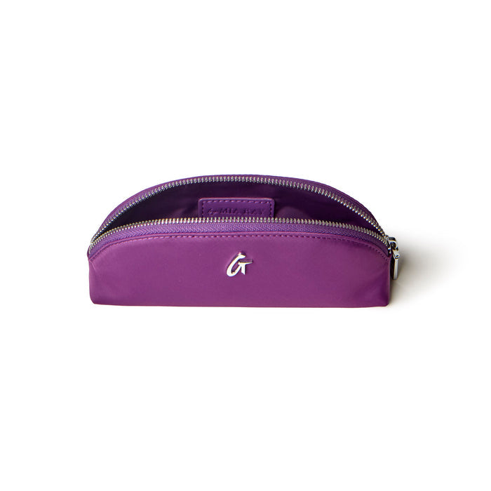 Mini nylon pouch in vibrant purple with a sleek design and zip closure, perfect for organizing essentials.