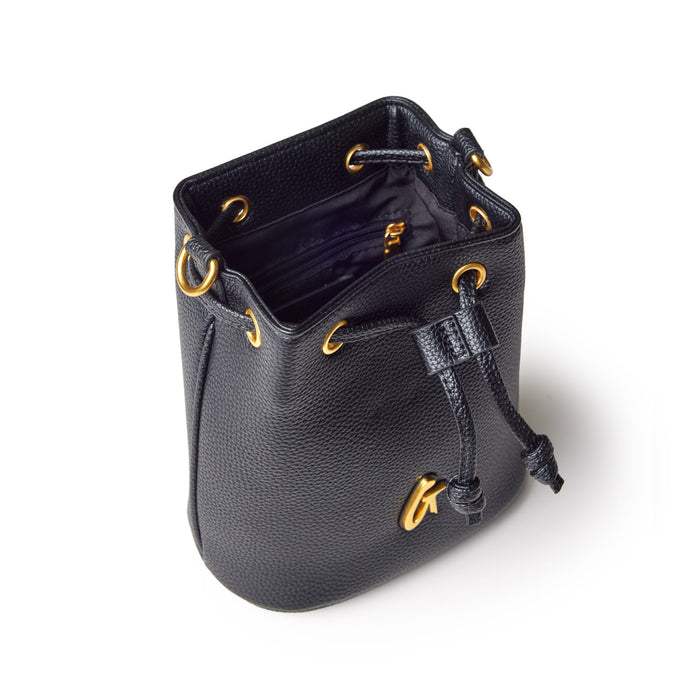 Black mini pebble bucket bag with gold hardware, drawstring closure, and interior zip pocket.