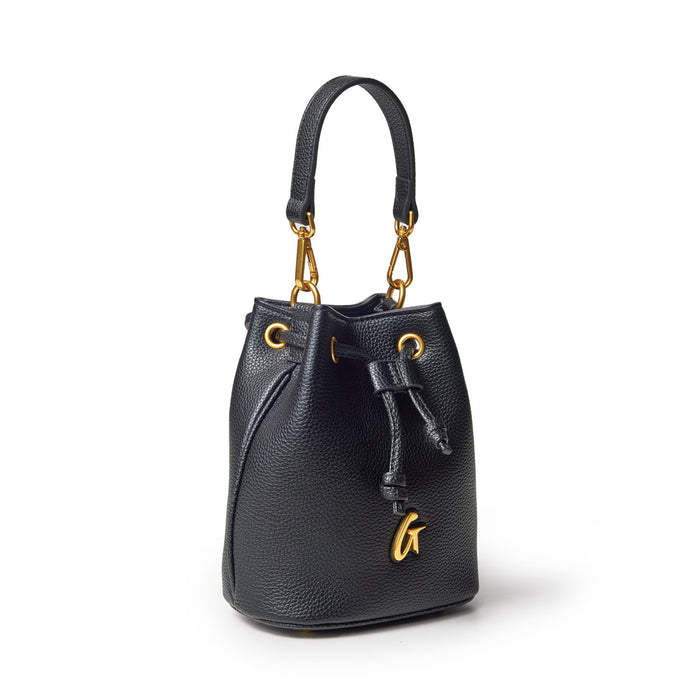Mini black pebble bucket bag with gold hardware, drawstring closure, and a top handle for versatile style.