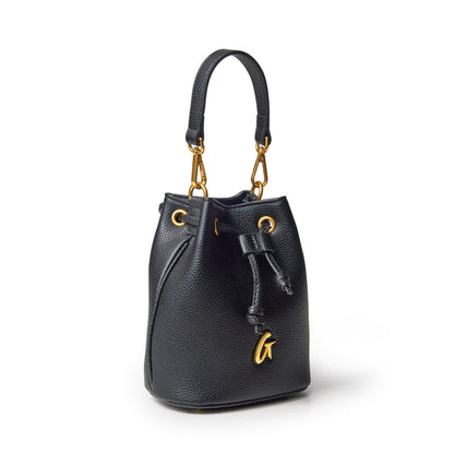 Mini black pebble bucket bag with gold hardware, drawstring closure, and a top handle for versatile style.