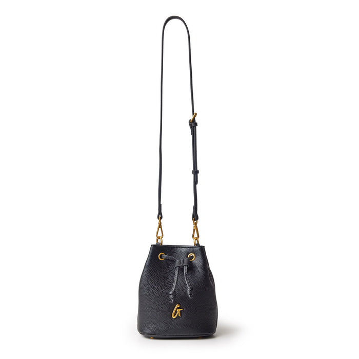 Black pebble bucket bag with gold hardware, adjustable strap, and drawstring closure, part of the Pebble Bucket Bag Bundle.