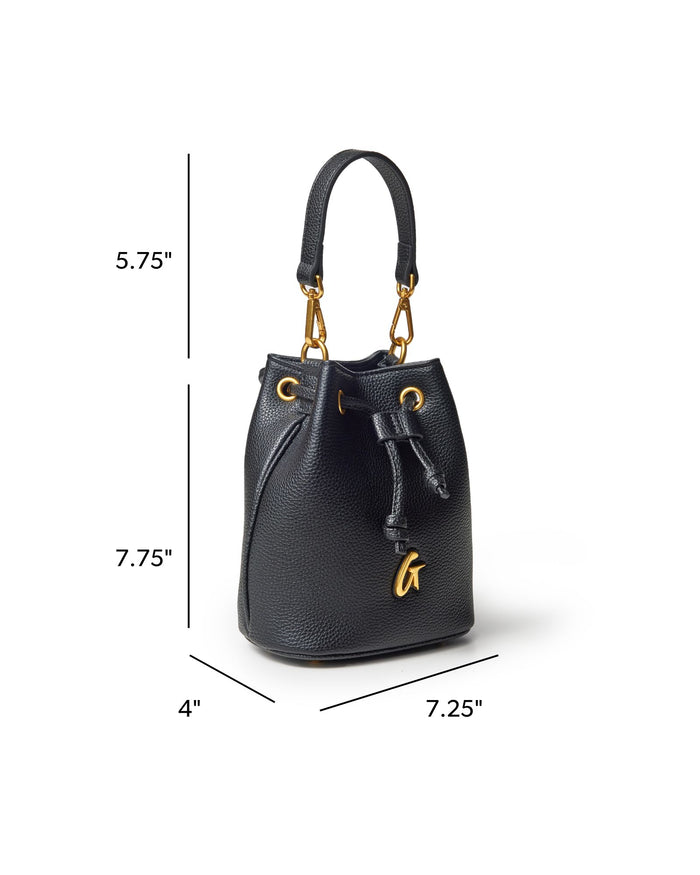 Mini pebble bucket bag in black with gold accents, featuring a drawstring closure and stylish handle.