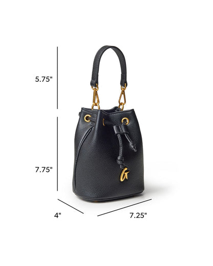 Mini pebble bucket bag in black with gold accents, featuring a drawstring closure and stylish handle.