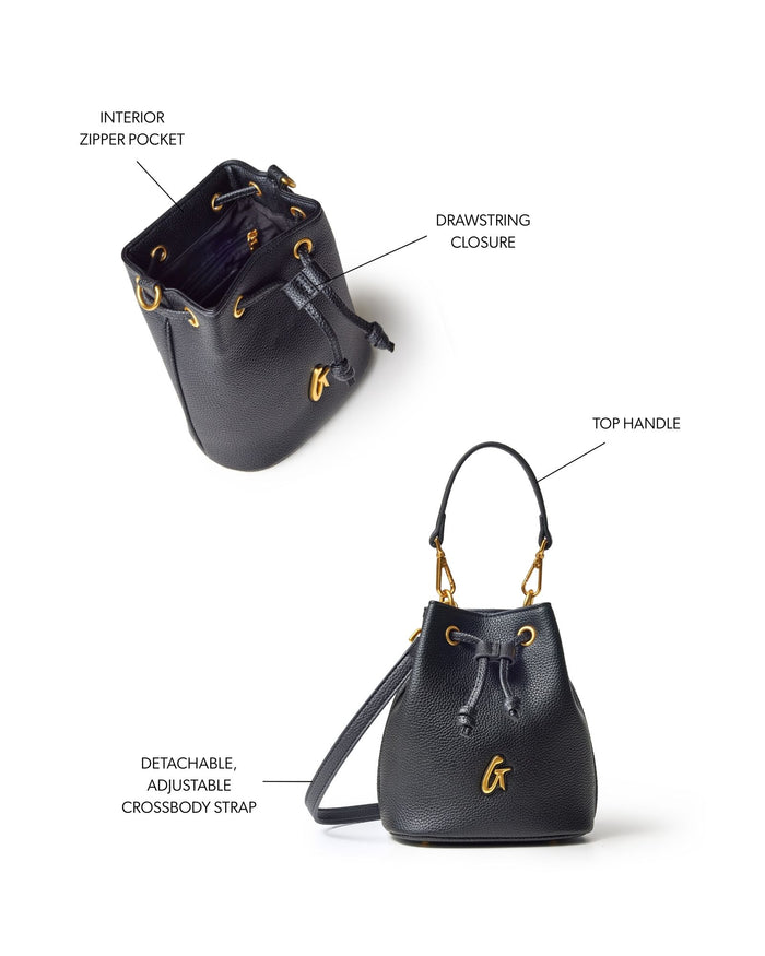 Mini pebble bucket bag in black featuring a drawstring closure, top handle, and detachable adjustable crossbody strap.