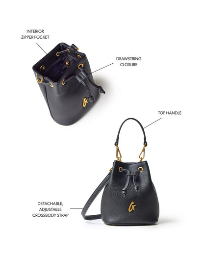 Mini pebble bucket bag in black featuring a drawstring closure, top handle, and detachable adjustable crossbody strap.