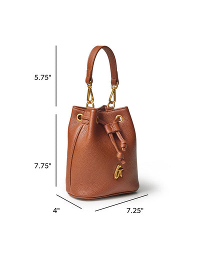 Brown mini pebble bucket bag with gold accents, featuring a drawstring closure and a stylish handle.